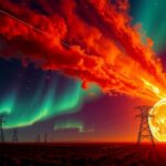 Napvihar és aurora borealis a távoli tájon, áramvezetékekkel.