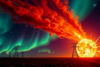 Napvihar és aurora borealis a távoli tájon, áramvezetékekkel.