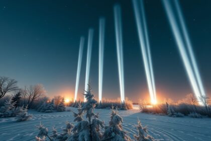 Fénypillérek éjszakai fényoszlopok fagyos tájon