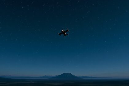 Egy repülőgép a csillagos ég alatt, háttérben hegyekkel.