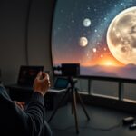 Asztrofotózás során bolygókat figyelő férfi fülhallgatóban