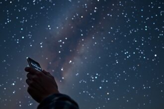 Férfi telefonjával hullócsillagokat figyel az éjszakai égen