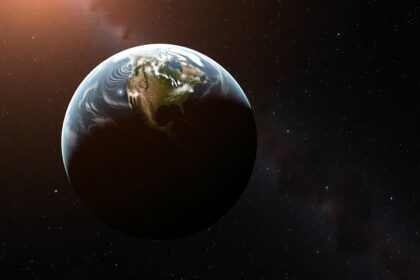 Föld a világűrben, csillagokkal a háttérben.