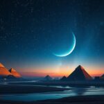 Egyiptomi piramisok alatt a csillagos égbolttal és a Nílussal