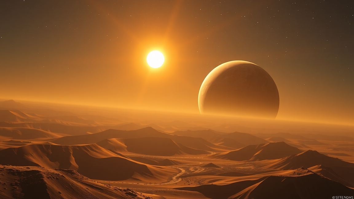 Tatooine-szerű bolygó kettőscsillagok mellett, sivatagi tájjal