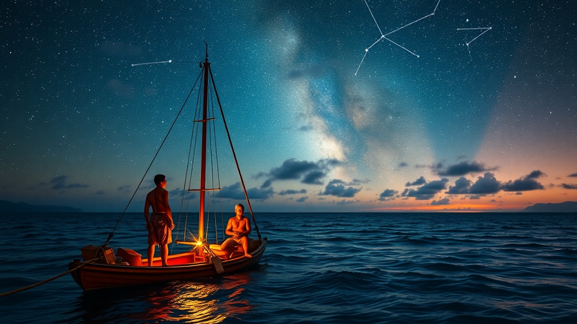 Polinéz hajós navigál a csillagos Csendes-óceánon éjszaka.