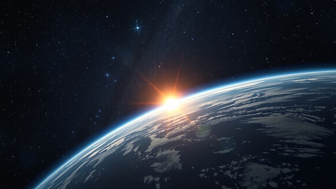 A Föld napfelkeltéje az űrből nézve, a csillagok között.