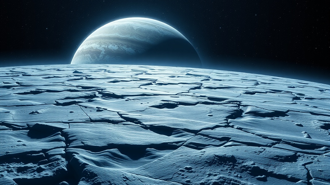 Callisto, a frozen moon of Jupiter, with visible icy surface textures.