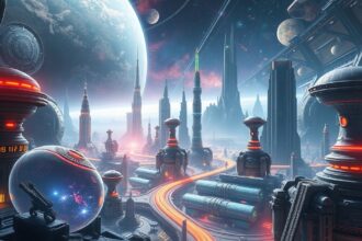 Fejlett technikai civilizáció a jövőbeli univerzumban, futurisztikus városképpel.