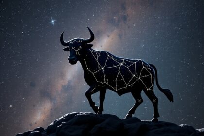 A Bika csillagkép stilizált ábrázolása, csillagokkal az égen.