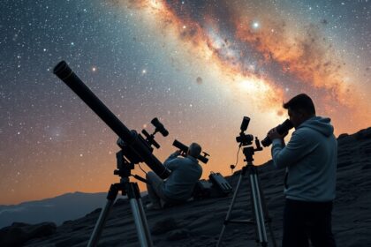 Csillagászok bolometrikus fényrend megfigyeléséhez távcsövekkel az ég alatt.