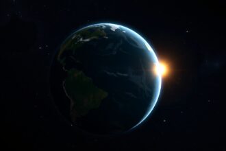 A Föld látványa a világűrből, napfény a horizonton.