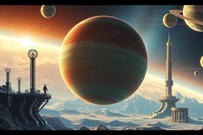 Futuristic landscape with planets and a space station