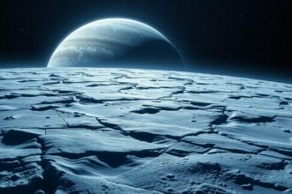 Callisto, a frozen moon of Jupiter, with visible icy surface textures.