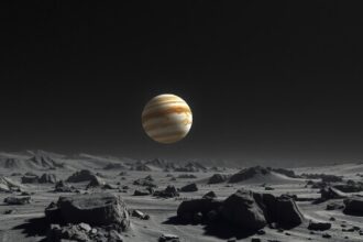 Carme hold és Jupiter látványos képe a világűrben.