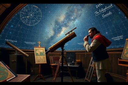 Giovanni Domenico Cassini, olasz csillagász, távcsövet használ az éjszakai égbolt megfigyelésére.