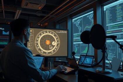 Mérnök munka közben egy modern technológiai munkaállomáson.