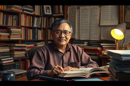 Asztrofizikus egy könyvtárban, tudományos munkáját végzi.