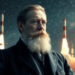 Konstantin Ciolkovszkij, az űrkutatás úttörője rakéták között.