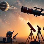 Csillagászati megfigyelés távcsövekkel és Szaturnusz a háttérben