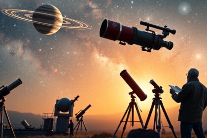 Csillagászati megfigyelés távcsövekkel és Szaturnusz a háttérben