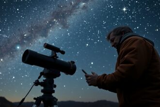 Csillagász távcsővel az éjszakai égbolton