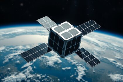CubeSat műhold a Föld felett, napenergia panelek