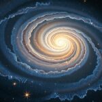 Aktív galaxis spirálisan elrendezve, csillagokkal teli háttér