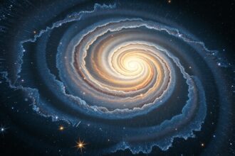 Aktív galaxis spirálisan elrendezve, csillagokkal teli háttér