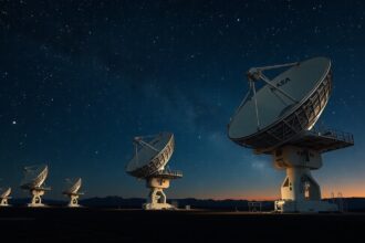 Deep Space Network antennák az űrkutatásban, csillagos ég alatt.