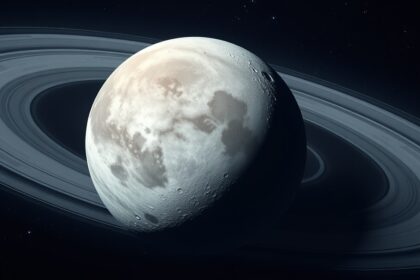 Desdemona, az Uránusz belső holdja, a gyűrűs bolygó hátterében