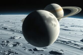 Dione, a Szaturnusz jégborított holdja a bolygó gyűrűivel