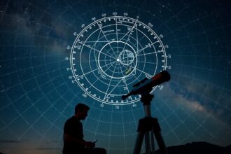 Ekvatoriális csillagászati koordináta-rendszer távcsővel és csillagászati térképpel.