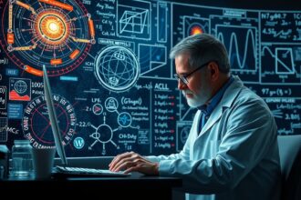 Elméleti asztrofizikus kutatás közben diagramok és grafikák előtt.