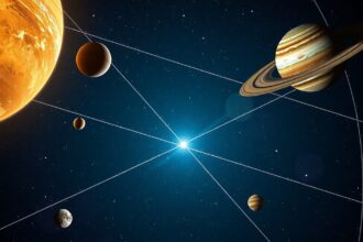 Ábrázolás a Nap, bolygók és csillagok elhelyezkedéséről az űrben.