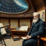 Johann Franz Encke, csillagász az obszervatóriumban, teleszkóppal.