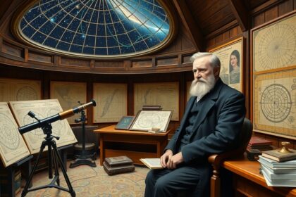 Johann Franz Encke, csillagász az obszervatóriumban, teleszkóppal.