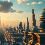 Futuristic city skyline with innovative architecture and construction.