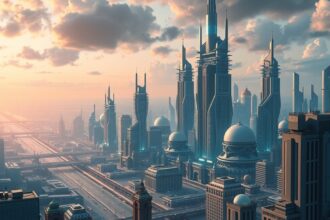 Futurista város látképe, modern épületekkel és technológiai fejlesztésekkel.