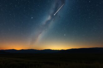 Csillagokkal teli égbolt és meteorit nyom a felső kulmináció idején.