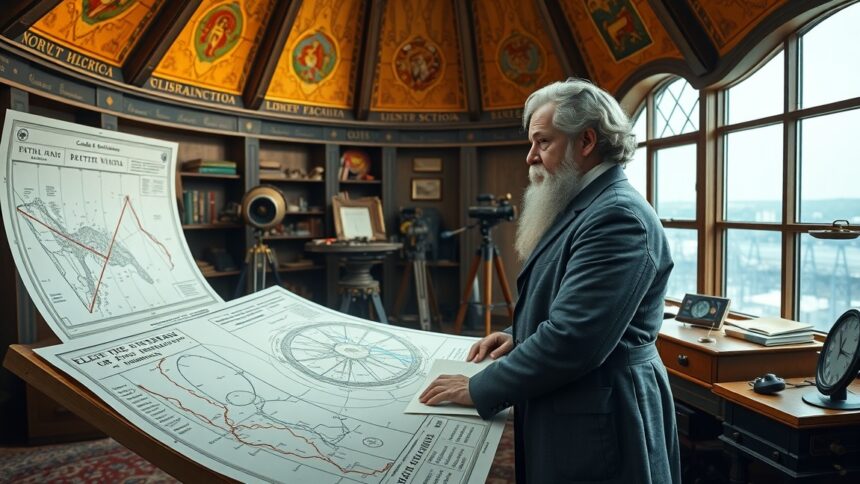 Camille Flammarion csillagász térképekkel az obszervatóriumban