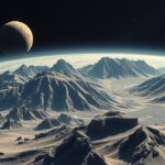 Kőzetbolygók tája hegyekkel és egy bolygóval az égen