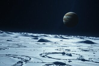 Aoede, Jupiter távoli holdjának tája és a bolygó.