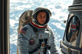 Űrhajós a Vostok-1 űrhajón az űrben, háttérben a Föld