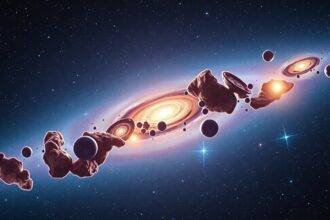 Egy galaxis képe, csillagokkal és bolygókkal.