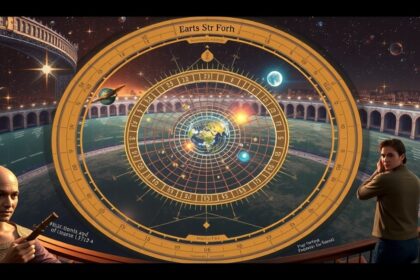 Geocentrikus világkép ábrázolása a Föld középponttal a kozmoszban.