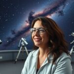 Ghez Andrea asztronómus a csillagok között egy teleszkóp körüli tudományos környezetben.