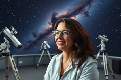 Ghez Andrea asztronómus a csillagok között egy teleszkóp körüli tudományos környezetben.