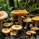 Színes gombák csoportja erdős környezetben.