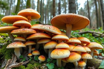 Gombhalmazok színes csoportja erdőben, micélium alapú termőtestek.